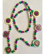 Mardi Gras Bead Necklace 6 Coin Shaped Emblems Gold Green Purple 21 Inches - £16.24 GBP
