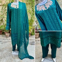 Pakistani Dark Teal  Straight Style Embroidered Sequins 3pcs Chiffon Dress,XL - $123.75