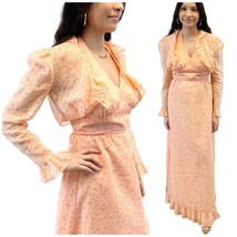 Vtg 70s Lorrie Deb Halter Maxi Dress Peach Daisy Floral Prom Cottagecore Size 10 - £61.78 GBP