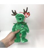 Vintage Ty Green Holiday Teddy Bear with Santa Hat and Reindeer Ears Bea... - $39.99