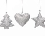 SET OF 3 IRIDESCENT SILVER 2.25&quot; GLITTERED METAL HEART/TREE/STAR XMAS OR... - $16.88