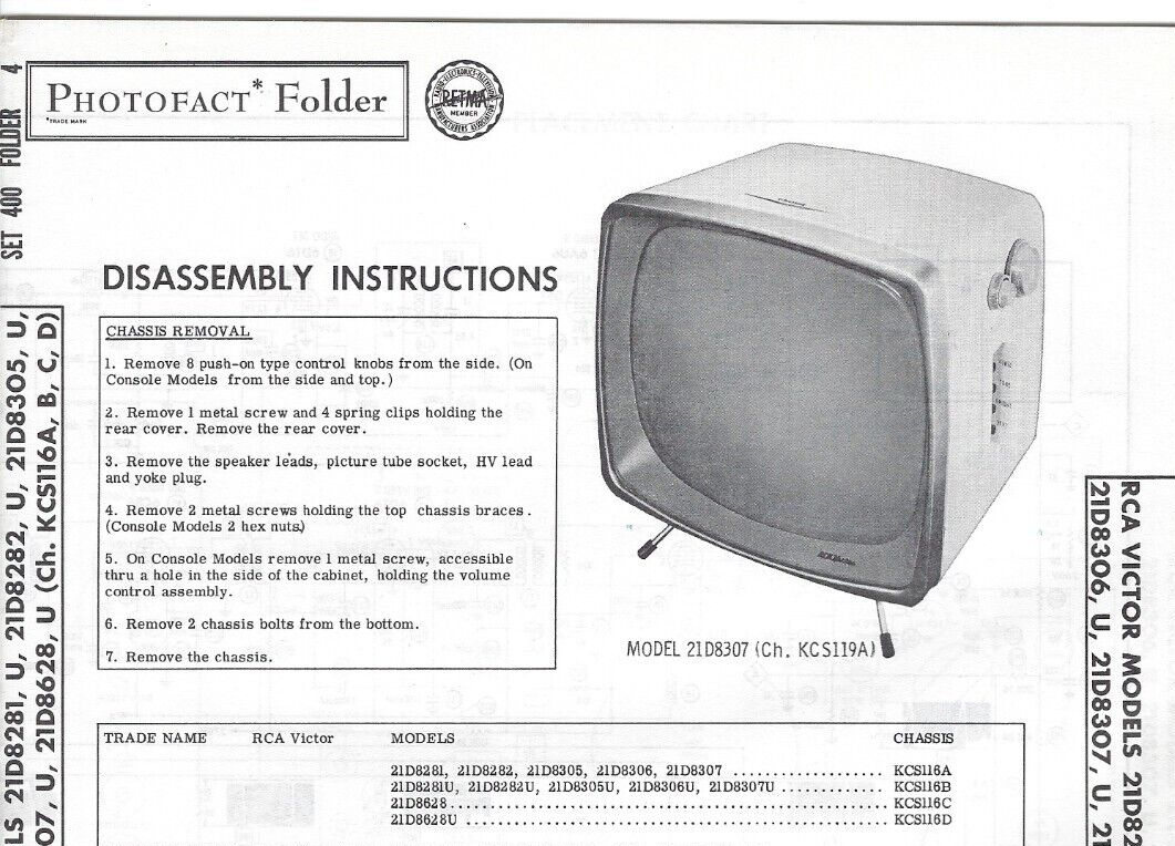 1958 RCA VICTOR 21D8307 Tv TELEVISION SERVICE MANUAL Photofact 21D8281 21D8282 - $9.89