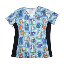 321 Scrubs Top Womens Medium Blue Cat Vet Tech Side Panel Medical Uniform Shirt - £12.58 GBP