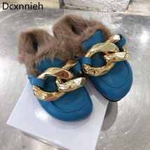 Runway Gold Chain Insole Winter Slippers Women Genuine Leather Round Toe Thick S - £149.83 GBP