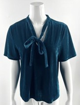 Sunday in Brooklyn Anthropologie Top Size M Teal Blue Velour Tie Neck Wo... - $33.66