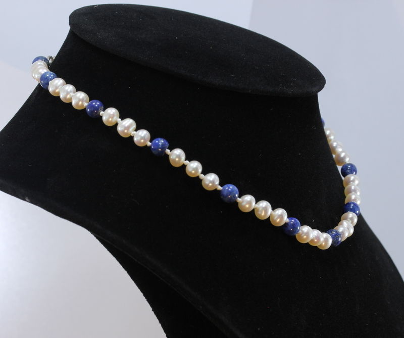 15.5 Inch Choker Necklace 6 mm White Pearl Blue Lapis Knotted Silk Silver Hook - $56.05