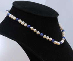 15.5 Inch Choker Necklace 6 mm White Pearl Blue Lapis Knotted Silk Silver Hook - £45.04 GBP