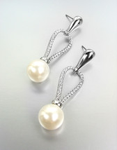 EXQUISITE 18kt White Gold Plated CZ Crystals Creme Pearl Earrings BRIDAL... - £24.12 GBP