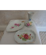3 pc. Ceramic Trinket Set Decorated with Roses, etc. (#0675) - £14.32 GBP