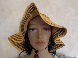 Lady’s Brown Striped Straw Shade Hat with Draw String (#1776) - £17.85 GBP