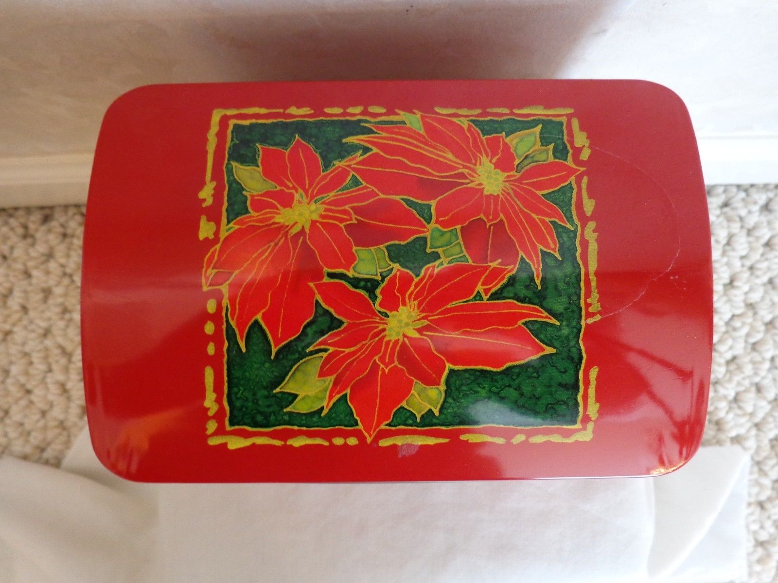 Red Metal Holiday Tin Decorated with Poinsettias (#1472) - $12.99