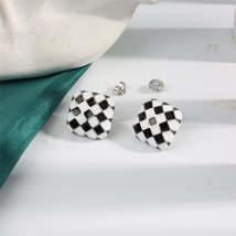 Black &amp; White Silver-Plated Checkerboard Square Stud Earrings - £11.01 GBP