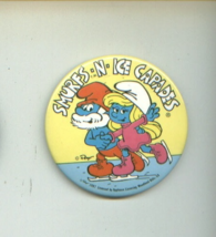 SMURF Ice Capades pinback button + jointed plastic figure + PVC/cake top... - $11.00