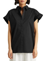 Lauren Ralph Lauren Women&#39;s Hartkyn Ruffle-Sleeve Silky Shirt Black-Size SP - £37.56 GBP