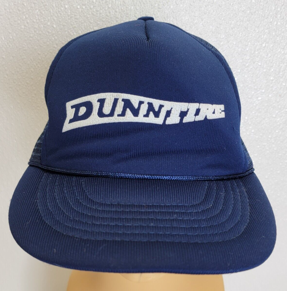Vintage Dunn Tire Trucker Snapback Hat Foam Navy Blue Mesh Rope Mechanic - $12.86