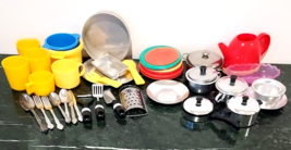 Vintage Pretend Play Dishes Kitchen Dishes Pots Pans Silverware Utensils... - $19.79