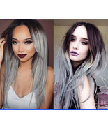 black roots silvery grey glueless straight human hair wigs - $175.00