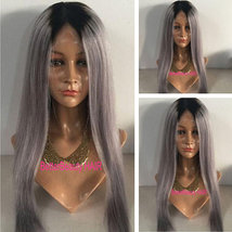 black roots silvery grey glueless straight human hair lace wigs free shipping - £137.29 GBP