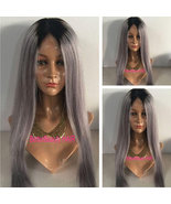 black roots silvery grey glueless straight human hair lace wigs free shi... - $175.00