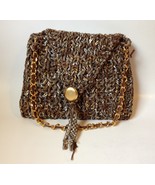 Loose Knit Purse Handbag Fashioned by SA-BE Beige Black Brown Crochet Gold Chain - $35.00