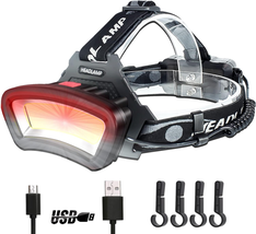 Hard Hat Headlamp COB LED Floodlight with Red Light USB Rechargeable 2000 Lumen - £28.94 GBP