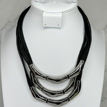 Chico&#39;s Silver Tone Hammered Metal Bib Black Cord Necklace - £15.52 GBP
