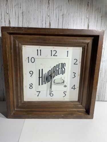 Primary image for Try Our Hamburgers Vintage Wood and Tin Clock Mummert Signs American Dinner Look