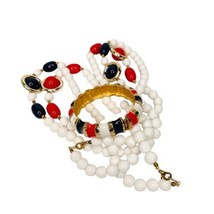 2 White Red Blue 30” Necklaces Acrylic Beaded Gold Tone And 1 Enamel Bra... - £13.41 GBP