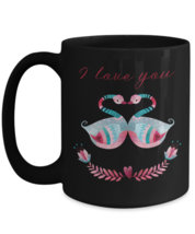 I Love You beautiful pink turquoise swans heart black ceramic coffee mug 11 15oz - £19.78 GBP