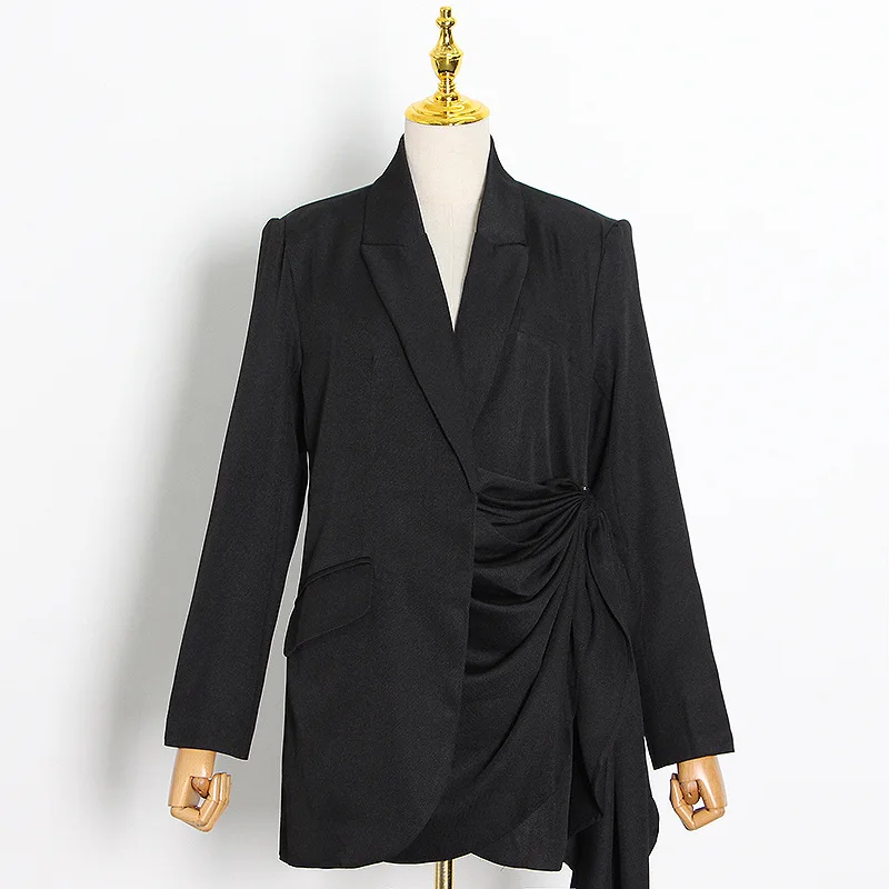 Free Shipping 2021 Autumn  Irregular Jackets Women  Side Pleated Long Blazer Bla - £347.60 GBP