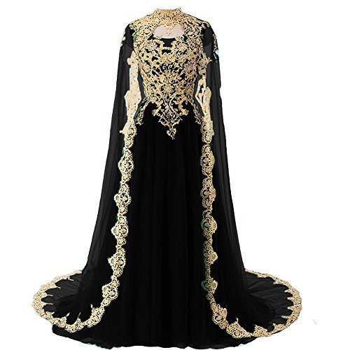 Gold Lace Vintage Long Prom Evening Dress Wedding Gown with Cape Black US 2