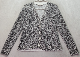 LOFT Cardigan Sweater Women&#39;s Large White Leopard Print Long Sleeve Button Front - $22.15