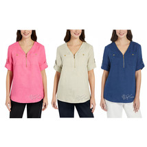 NWT Ellen Tracy Women Roll Tab Short Sleeve Linen Tunic 1/4 Zip Shirt/Top/Blouse - £27.51 GBP