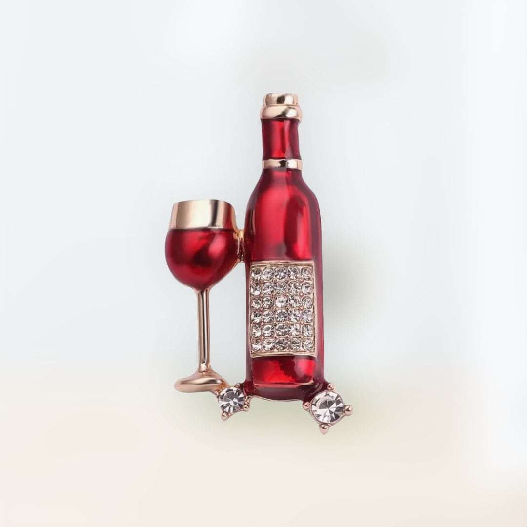 Gold and Red Sparkling Rhinestone Wine Bottle and Glass Brooch