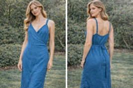 Artisan NY Blue Linen Wrap Midi Dress Embroidered Sz 6 Spaghetti Strap V... - $49.95