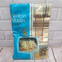 NEW Vtg 70s JCPenney 2 Pillow Cases Muslin Coffee Brown Rust Square Grids - $11.40