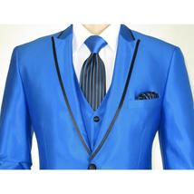 Mens Tuxedo Formal Suit ROYAL DIAMOND Slim Fit 3Pc Vested shiny Satin SL83 Blue image 12