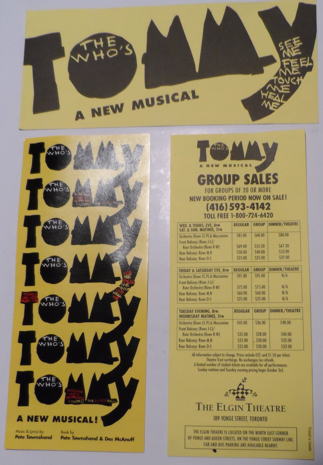 The Who Tommy 3 Flyers Toronto Theatre Musical Production 1995 Elgin The... - $14.77