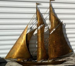 Vintage MCM Metal Brass Iron Art Sculpture Sailboat Ship Nautical Wall Plaque A - $419.25