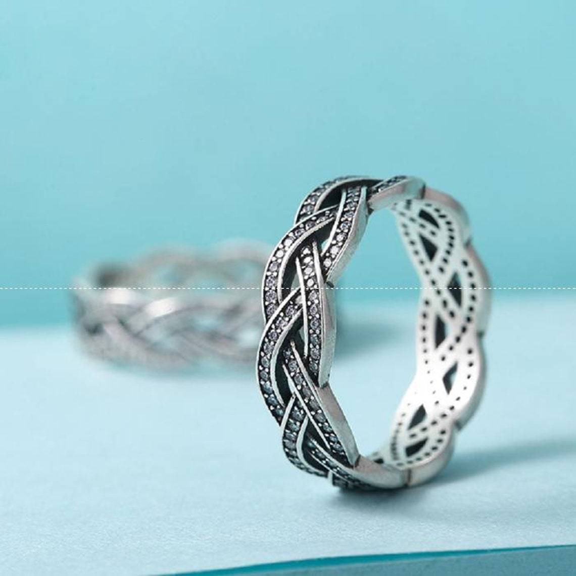 925 Sterling Silver Braided Sparkling Ring & Clear Zirconia For Women