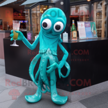 Teal Squid mascot costume character dressed with a Cocktail Dress and Tie pins - £1,003.37 GBP