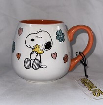 Peanuts SNOOPY &amp; WOODSTOCK Hugging Spring Mug 20oz Cup Flowers Coral NEW 4” - $17.66