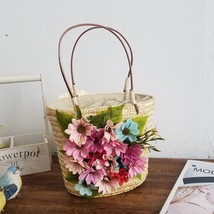 Korean Vintage Style Women Straw Bag Drawstring Beach Tote Bag  Flower Woven Han - £64.48 GBP