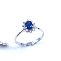 Bague Femme Or Blanc Massif 18k Saphir Bleu Ovale Diamants Blancs - £706.43 GBP