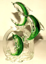 Hand Blown Art Glass 3 Green Dolphins Figure 26 cm - £56.53 GBP