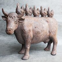 Rustic Vintage Farmhouse Chickens Hens Marching On Holstein Cow Back Fig... - $822.01 MXN
