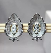 Vintage Sarah Coventry &quot;Crystal Navette&quot; Leaf Clip-on Stud Earrings Silver-tone - £13.31 GBP