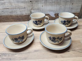 Pfaltzgraff Folk Art #001 Set Of 4 Coffee / Tea Cups &amp; Saucers - FREE SHIPPING - £28.04 GBP