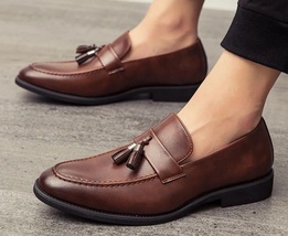 Splendid Pairs Handmade Brown Tassels Pure Leather Apron Toe Men Loafer Shoes - £117.49 GBP
