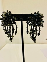 Vintage Signed by Lois Ann Teardrop Black Crystal Clip Earrings - £63.74 GBP